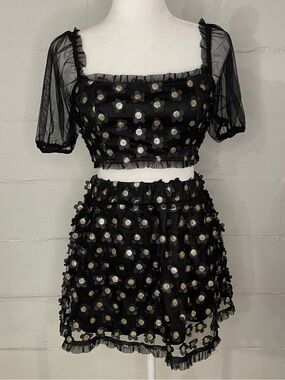Storia Black Two-Piece Floral Appliqué Skirt Set with Gold Accents